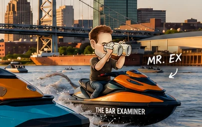 Mr. Ex from The Bar Examiner conducting a river examination from a jet ski